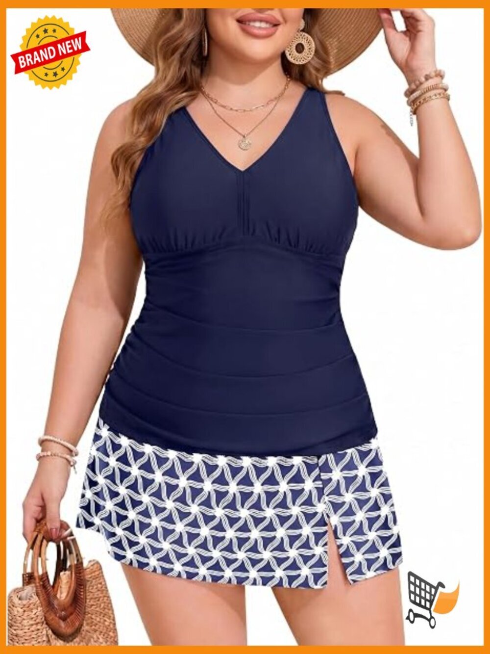 Plus Size Tankini with Skirt Tummy Control Bathing Suit V Neck Swimwear Two